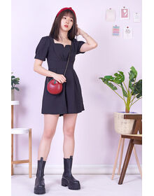 Fine Square Neck V Cut Puff Sleeve Pleated Playsuit (Black)